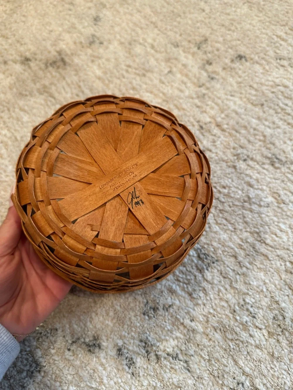 Longaberger Tan Brown Woven Bowl Basket with Leather Handles